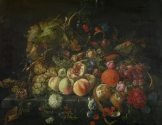 Zátiší s květinami a ovocem, asi 1670 (olej na plátně)