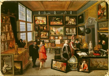 Amatérská praxe s názvem Galerie uměleckých předmětů. Říkalo se jim také kanceláře kuriozit. Obraz Cornelis de Baellieur (1607-1671). 1637. Rozměr 0,51 x 0,74 m. Dijon, Muzeum výtvarných umění