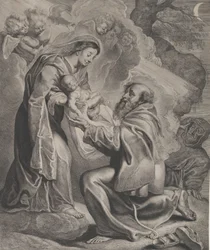 Vidění svatého Františka, klečícího vpravo, přijímajícího dítě Krista od Panny..., 1650.