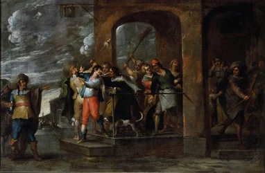 Historie marnotratného syna: vyhnání. Obraz Cornelis De Wael (1592-1667), cca 1630-1639. vlámské umění. Olej na plátně. Rozměr: 57 x 86 cm. Genes, Privee Collection.