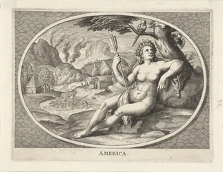 Ženská personifikace kontinentu Ameriky jako žena s čelenkou z peří a šípem v krajině Amerika (název na objektu)