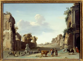 Fantastický výhled na Campo Vaccino v Římě se dvěma osly Malba Cornelis van Poelenburgh (1596-1667)