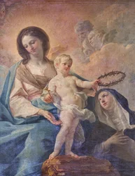 Kostel SS Salvatore, interiér, Růžencový oltář, Panna Maria Růžencová, plátno Corrado Giaquinto (1703-1766), detail, Poggiardo, Lecce, Apulie (foto)