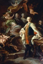 Italský kastrát Carlo Farinelli (Carlo Broschi, dit; 1705 - 1782), na dvoře Filipa II. Španělského, v bílém plášti řádu Calatrava. Obraz Corrada Giaquinta (1703-1766), Občanské muzeum bibliografické hudby, Bologna.