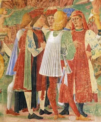 Skupina obchodníků, detail z Triumph of Ceres, scéna z měsíce srpna, připisovaná Cosimo Tura (asi 1430-1495) a Master of Ercole, freska, severní stěna, Hall of Months, Palazzo Schifanoia (Palác radosti), Ferrara, Itálie, kolem roku 1470