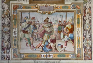 Bitevní scéna z knihy Listiny Godfreye z Bouillonu při dobývání Jeruzaléma, asi 1589-94 (freska)