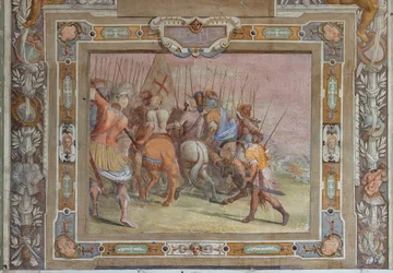 Bitevní scéna z listin Godfreye z Bouillonu při dobývání Jeruzaléma, asi 1589-94 (freska)
