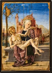 Oplakávání, Cosmé Tura, kolem 1460. V levé horní části obrazu je zobrazena opice, která se drží větví jabloně. Je to narážka na strom dobra a zla a na pokušení ďábla v pozemském ráji.