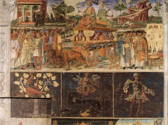 Triumf Jupitera a Kybelé a znamení Lva, výjevy z měsíce července, freska, severní stěna, Sál měsíců, Palazzo Schifanoia (Palác radosti), Ferrara, Itálie, kolem roku 1470