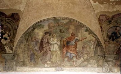 Sv. Dominik Obrácení kacíře, luneta z cyklu fresek Život sv. Dominika, v ambitu sv. Dominika, kolem roku 1698 (freska)