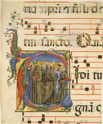 Iluminace rukopisu se Všemi svatými v iniciále V, z antifonáře, 1450-60.