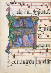 Rukopisná iluminace s Nanebevzetím Panny Marie v iniciále A..., 1450-60.