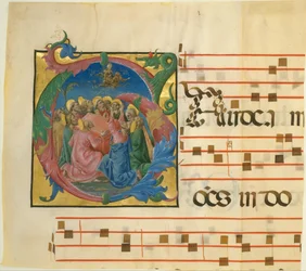 Iluminace rukopisu s Nanebevzetím Panny Marie v iniciále G, 1450-60.