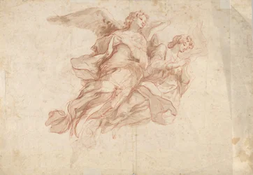 Dva andělé létající, verso: Bůh otec sedící v oblacích a skica létající postavy, c1720