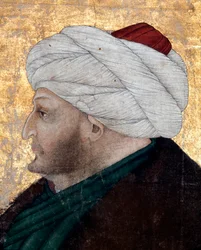 Portrét osmanského sultána Mehmeta II. (Mehmed II. Dobyvatel neboli Muhammad II. Fatih) (1430-1481). Malba miniaturisty Costanza da Ferrara (asi 1450 - asi 1524). Detail. Knihovna muzea Topkapi Sarayi, Istanbul