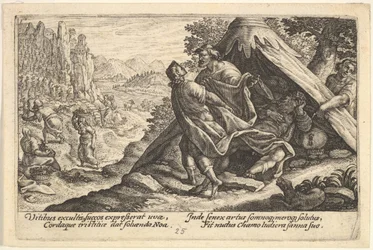 Opilost Noemova: Sem a Japheth zakrývají nahé tělo Noeho, který leží ve stanu, ..., 1612.
