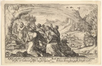 Bůh uzavírá smlouvu s Noem: vedle kouřící hranice Noe klečí v gestu p..., 1612.