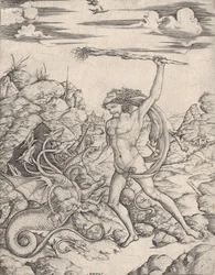 Herkules a Hydra, třímající pochodeň, zaútočí na okřídlenou, vícehlavou Hydru..., ca. 1500-1520.