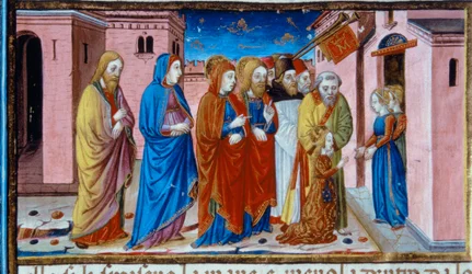 Iluminace zobrazující Marii přijatou pannami z Chrámu v Codex De Predis (c.15v)