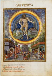 Saturn se znameními zvěrokruhu Vodnáře a Kozoroha. Herní scény a jejich vliv na lidi. (miniatura, kolem roku 1470)