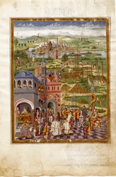 Scéna mučení a odsouzení ve středověkém městě. Vlivy Saturnu (miniatura, kolem 1470)