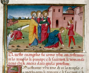 Ježíš dává zrak slepému od narození Miniatura od Cristofora De Predise (1440-1486) po Dějinách Nového zákona (fol. 7)