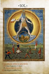 Slunce se znamením zvěrokruhu lva. Scény mužských tělesných cvičení. (miniaturní, cca 1470)