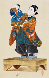 Loutkář s loutkou, loutkové divadlo, umělecký tisk ukiyo-e, reprodukce z dřevorytu, japonská civilizace, období Edo