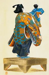 Loutkář s loutkou při pohledu zezadu, umělecký tisk ukiyo-e, reprodukce z dřevorytu, japonská civilizace, období Edo