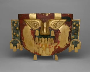 Peruánská pohřební maska, 900-1100 našeho letopočtu (zlato, stříbro-měděné překryvy, rumělka)