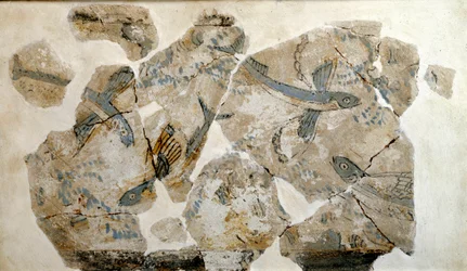 Kykladské umění: fragment fresky zobrazující létající ryby (mořské vlaštovky). Z lokality Phylakopi (ostrov Mélos), 2500 př. n. l. Rozměry: 23 cm. Athény, Národní archeologické muzeum