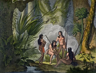 Camacani Tribesmen in Woodland v Amazonské džungli, Brazílie, z „Le Costume Ancien et Moderne“, svazek I, deska 53, od Julese Ferraria, vydáno kolem 20.–30. let 19. století (barevná rytina)