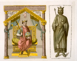 HRE Karel II. (plešatý) na trůnu, podle rukopisu v Colbergské knihovně, deska 6 z „Le Costume Ancien et Moderne“ od Julese Ferraria, hospoda. 20.–30. léta 19. století