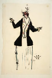 Návrh saka a vesty, deska 2, kniha 4, ilustrace z "Wiener Werkstatte Mode 191415", vyd. Eduard Kosmack, Vídeň, 1914-1915 (ručně kolorovaný linoryt).
