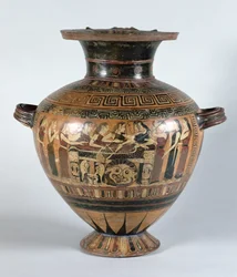 Černofigurová hydrie zobrazující Nereidy truchlící nad Achilleem, asi 560-550 př. n. l. (keramika)