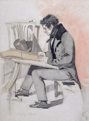 Henry Sass, c.1830 (black chalk, watercolor and pen & ink on paper)   1416473   cs       czech Successfully Translated  Original: Noda Jewel River in Mutsu Province (Mutsu Noda), from the series "Six Jewel Rivers (Mu Tamagawa no uchi)" Translat: Noda Jewel