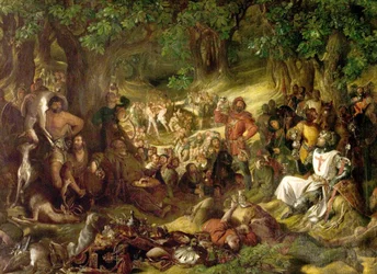 Robin Hood a jeho veselí muži baví Richarda Lví srdce v Sherwoodském lese