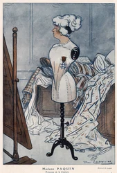 Madame Jeanne Paquin (1869-1936), francouzská couturiere, reprezentovaná křížem Čestné legie, který právě získala - ilustrace Daniel De Losques (Henri Casimir Paul Thouroude dit) (1880-1915) ve „“Fantasio““ z roku 1913