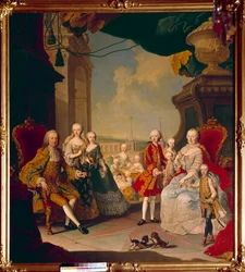 Francois I. Svaté říše (1708-1765) a jeho manželka Marie Therese Iere (1717-1780) se svými jedenácti dětmi na terase zámku Schonbrunn (nebo Schoenbrunn) Budoucí královna Marie Antoinetta pózuje v centru stále dítě. Malovat