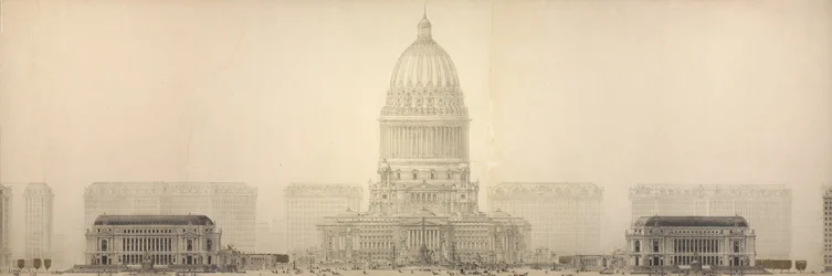 Deska 131 z The Plan of Chicago, 1909: Chicago. Výškopis zobrazující skupinu budov...
