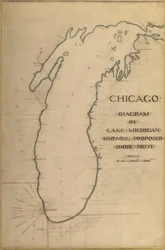 Deska 35 z Plan of Chicago 1909: Chicago a Diagram jezera Michigan. Navrhovaná cesta...
