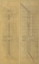 Deska 79 2 Kresby z Plánu Chicaga, 1909: Navrhované umístění a uspořádání...