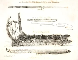 Kostěné saně, psí bič, oštěp a nůž arktických horalů, ilustrace z knihy "A Voyage of discovery...", 1819