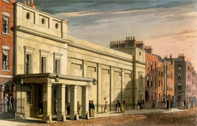 Regency Theatre, Londýn, 1826 (ručně kolorovaná akvatinta)