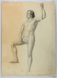 Kresba, Mužský akt s jednou nohou na schodech, 1858