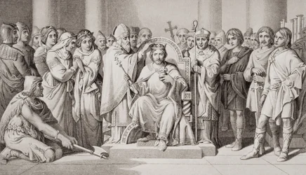 Korunovace Harolda II. (asi 1022-66), krále Anglosasů roku 1066 n. l., z „Ilustrací anglických a skotských dějin“, svazek I