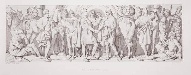 Harold a Duke William se setkávají, z „Příběhu o dobytí Normanů“, vyryl L. Gruner, 1866
