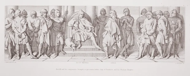 Harold a jeho společníci přivedení jako zajatci před Guye z Ponthieu a jeho normanské rytíře, z knihy "The Story of the Norman Conquest", vyryl L. Gruner, 1866.