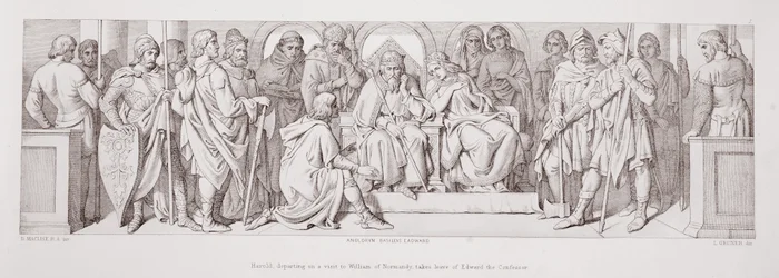 Harold, odjíždějící na návštěvu Viléma z Normandie, se loučí s Edwardem Vyznavačem, z „Příběhu o dobytí Normany“, vyryl L. Grunerem, 1866