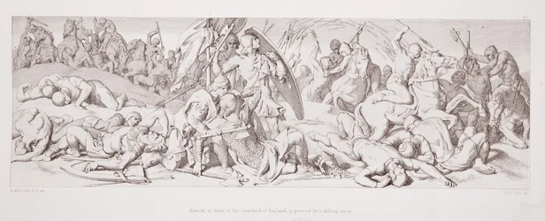 Harold, před Standard of England, je probodnut padajícím šípem, z „Příběhu normanského dobytí“, vyrytý L. Grunerem, 1866